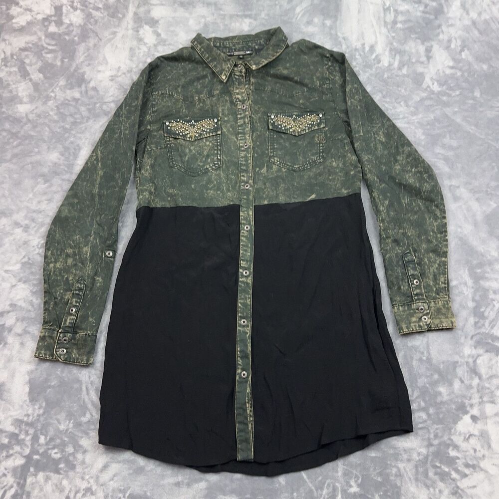Miss Me Shirt Womens Size M Green Bleached Tunic Button Up Embellished Sheer